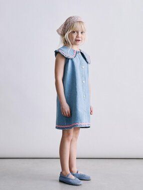 ZARA (3T) KIDS Ruffled Denim Dress Toddler Sleeveless Front Snap Blue Pink NWT